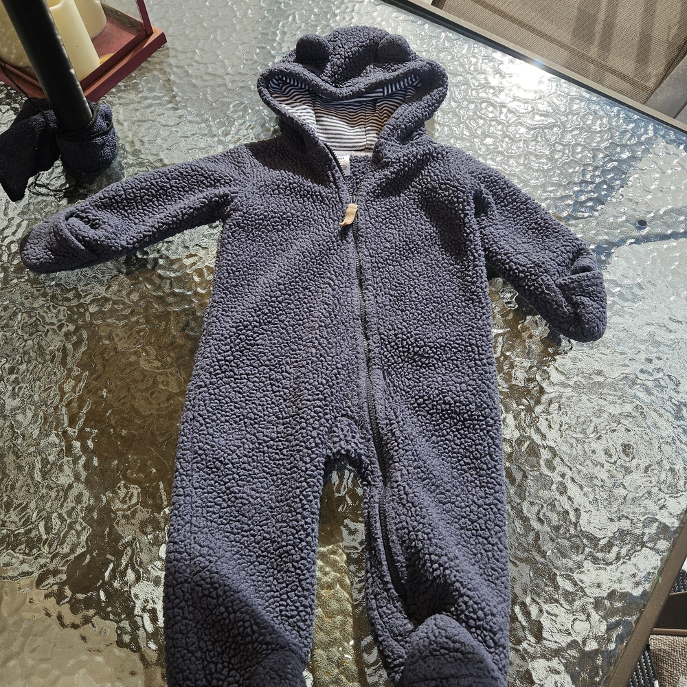 Carters Sherpa Navy Blue Kids One Piece Footies Gloves Zip Front Hood 9 Mon EUC